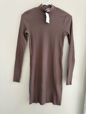 H&M Ribbed Mock Neck Long Sleeve Dress - Taupe Brown
